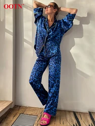 OOTN Home Wear Blue Print Suits 2024 Casual Short Sleeve Blouse High Waist Pants Two Piece Pajamas Spring Nighties Sleepwear