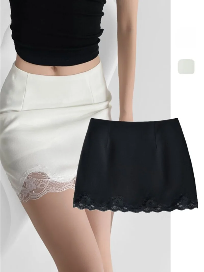 Saia  de Renda Branca Fena de Cintura Alta Estilo Urbano Anti-Luz Saia Curta de Cor Pura Saia Bodycon de Cintura Baixa