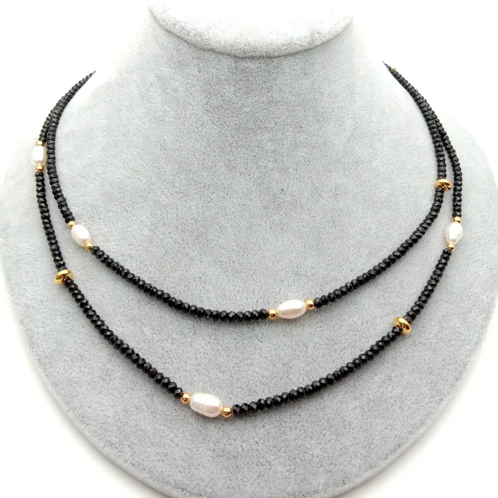 

Natural 2 rows faceted Rondelle black Spineal Cultured white Pearl Necklace 17"