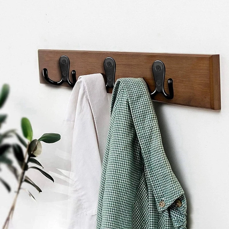 Double Prong Robe Hook com parafusos, Dual Coat Hooks, Wall Mounted, pendurar roupas, preto, 10X