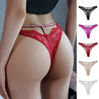 Sexy and Fun T-Back shaped Hollow Lace Transparent Pure Lust Spicy Girl G String Rhinestone Stripless Bling pink French Thong