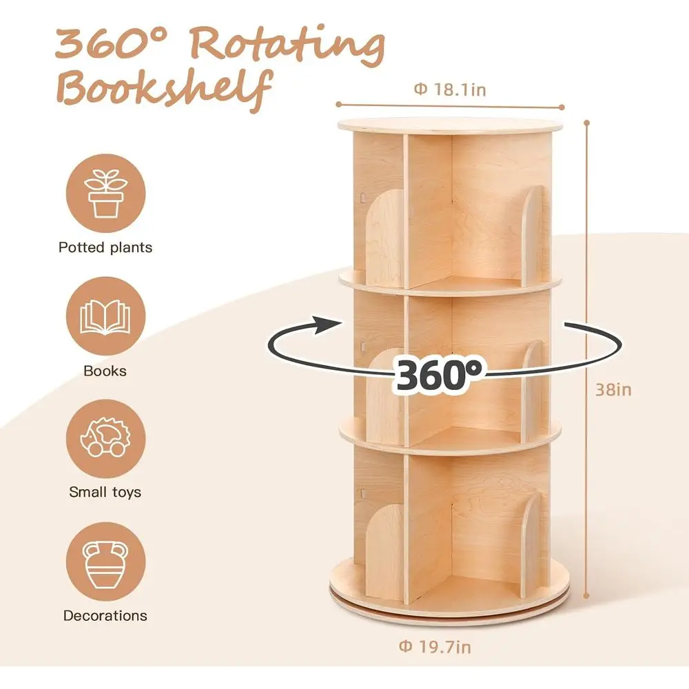 OOOK Kids Rotating Bookshel Tower, 3 Tier Spinning loor Standing Montori Bookshel Storage Rack, Large Chassis 360 Display or Sma