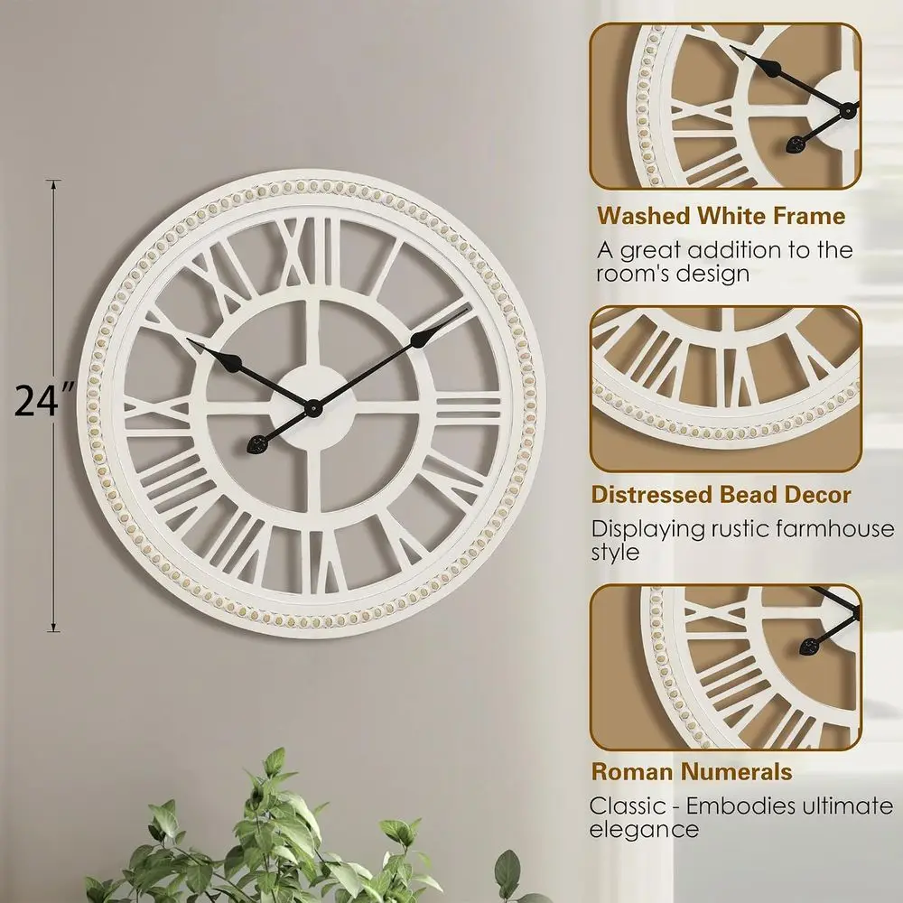 24 Inch Large armhouse Wall Clock, Rustic Wall Clock Decor, Wooden, Non-Ticking, Easy to Hang or Living Room, Bedroom, Kitchen