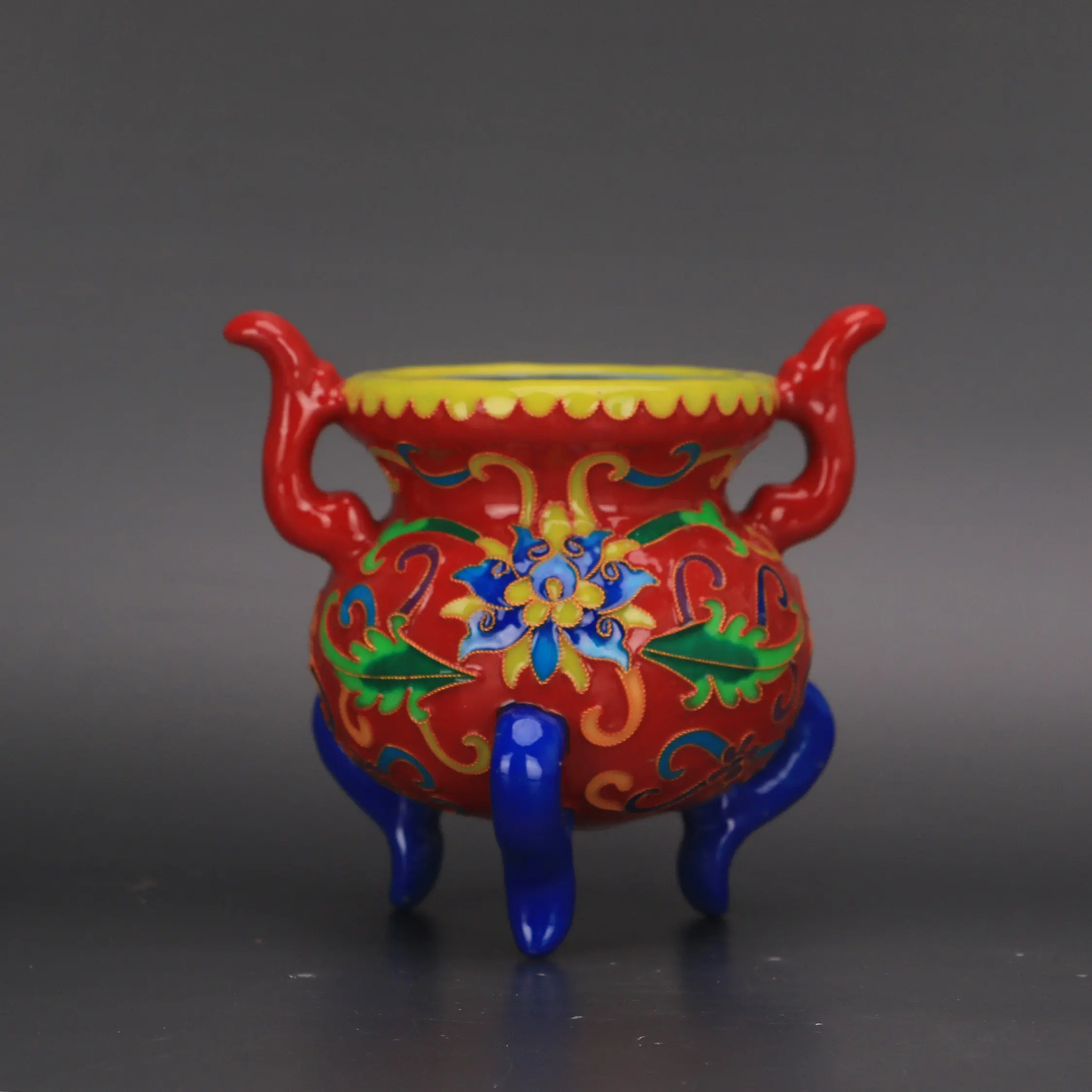 Chinese Vintage Qing Dynasty Style Cloisonne Enamel Red Ground Lotus Tripod Ruyi Censer Handmade Ceramic Home Decor Collectible