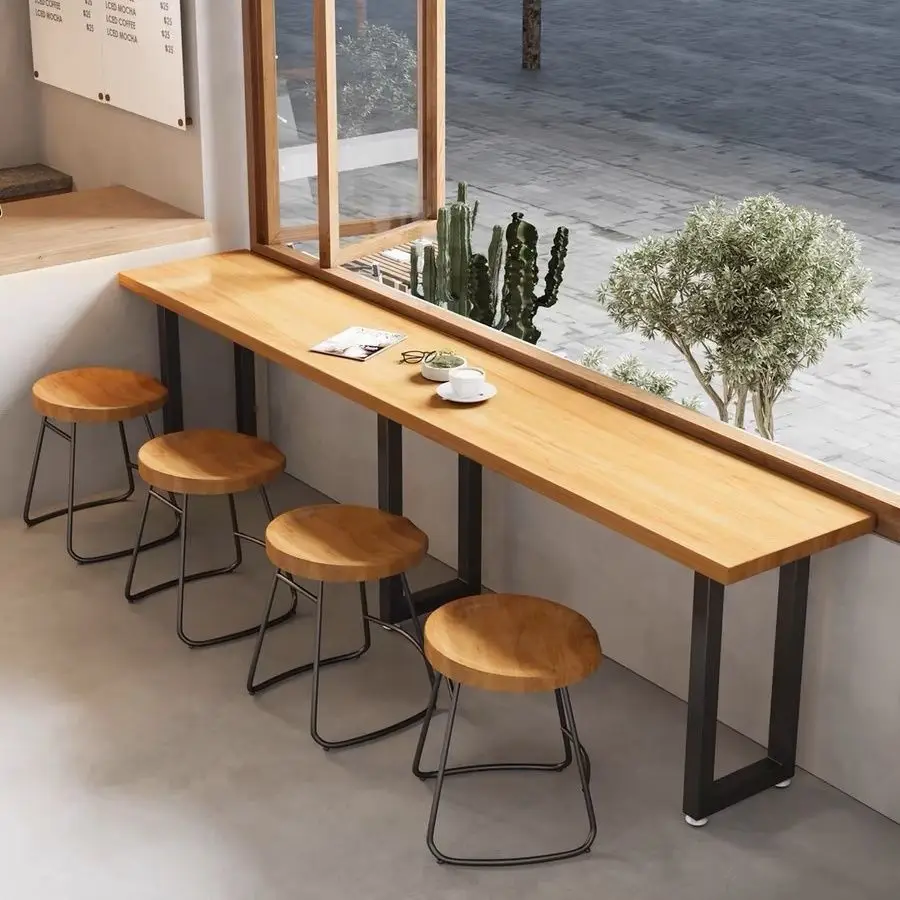 Narrow Dining Table And Chair Combination Against The Wall, Low Bar Counter By The Window, Industrial Style Snack Shop, Bar