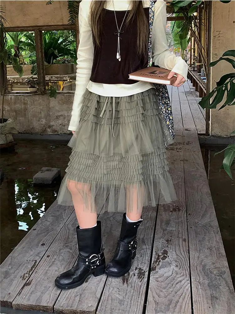 Korean Sweet Layered Mesh Puffy Cake Skirt Women's Spring Summer Super Beautiful Small Size A-Line  Midi Skirt