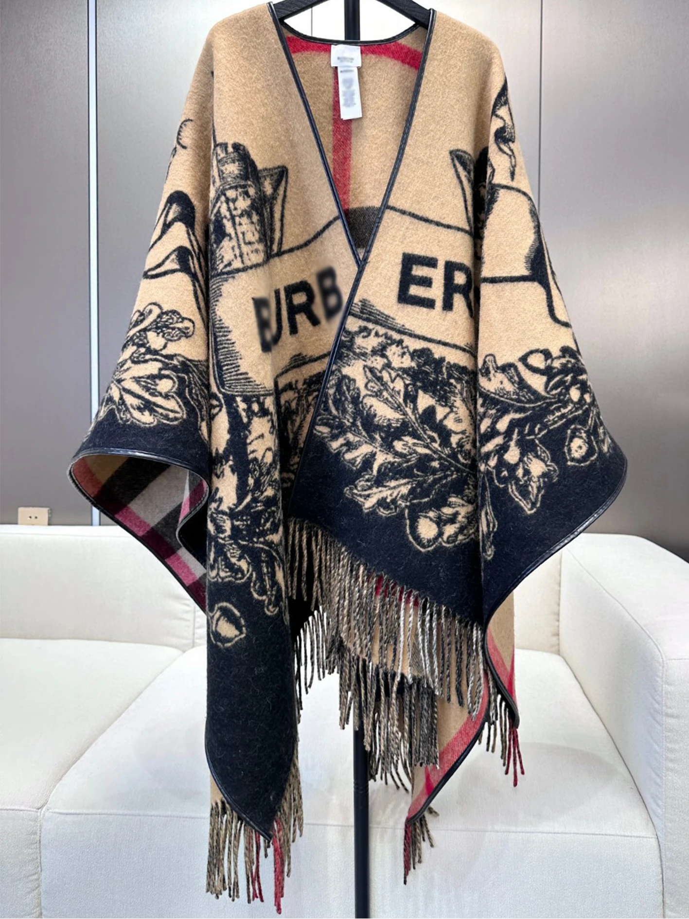 

Reversible Check Wool Cape, Women's luxury, Winter warm scarf, Gift, Two-tone cashmere shawl, Tassel, Knight, Black, Plaid