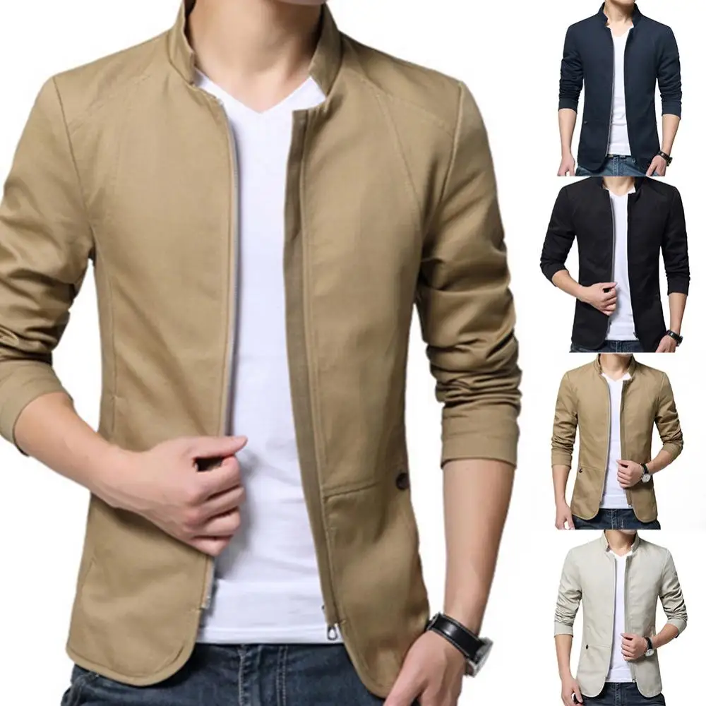 Mens Casual Blazer Men Autumn Solid Color Stand Collar Zipper Pockets Thin Slim Blazer Coat Slim Suit Jacket Gentlemen Blazer