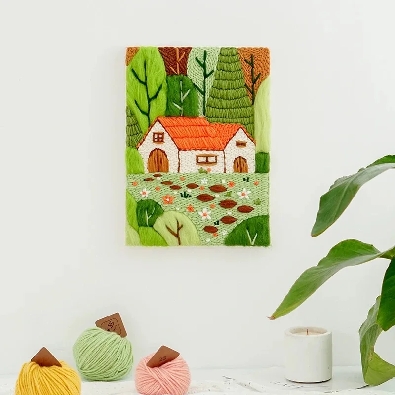 

Landscape Wool Felting Painting Frame Spring DIY Wool Embroidery Kit Funny Wool Needle Felt Punch Needle Kit Craft Painting Gift