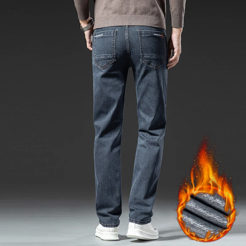 กางเกงยีนส์บุขนหนานุ่มสำหรับผู้ชาย ทรงตรง ยืดได้ เหมาะสำหรับฤดูหนาว สไตล์ลำลองธุรกิจ แบรนด์แฟชั่น