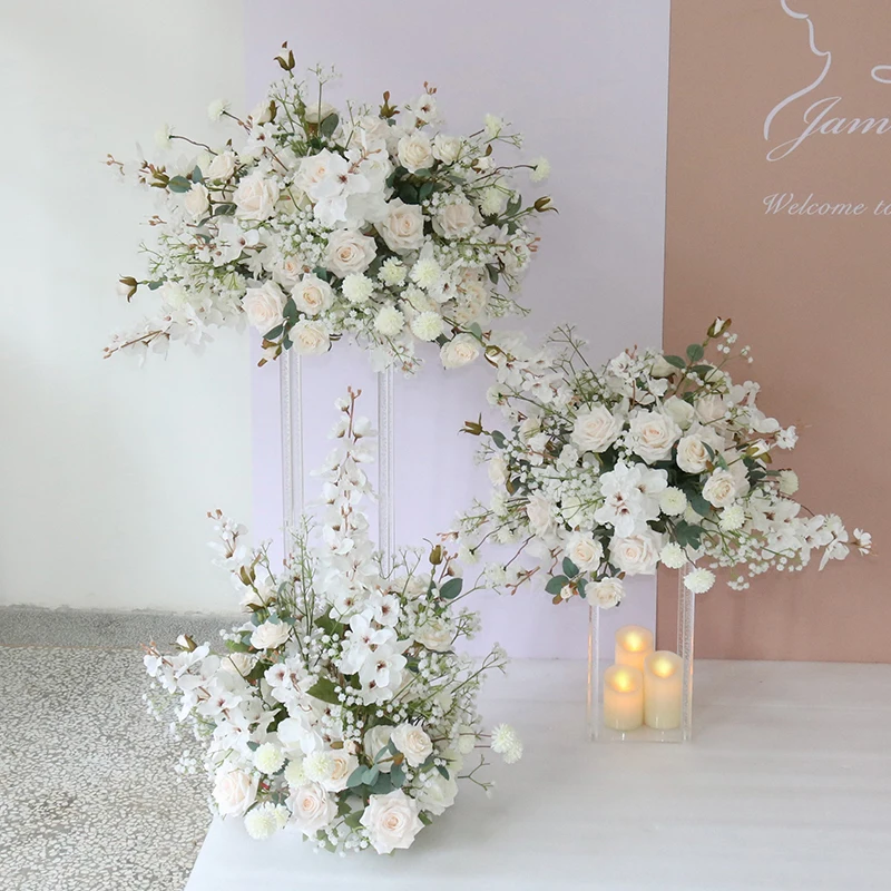 White Rose Babysbreath Artificial Floor Floral Row Wedding Backdrop Arch Floral Arrangements Event Party Table Centerpiece Ball