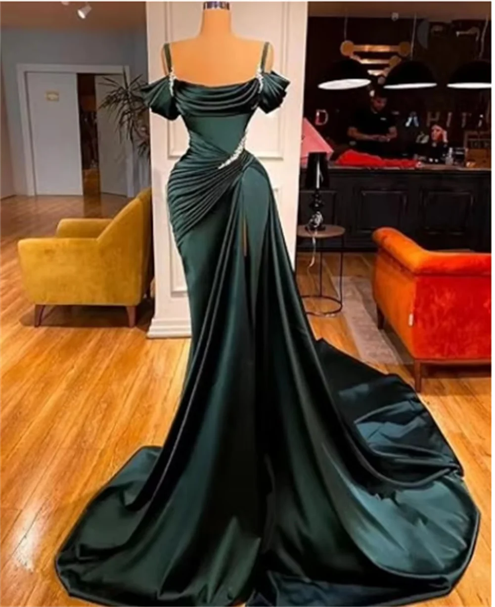 

Satin Mermaid Long Prom Dress Spaghtti Straps Beaded Sparkly Wedding Dresses Split Ball Gowns For Women Low Necked Evening Dress