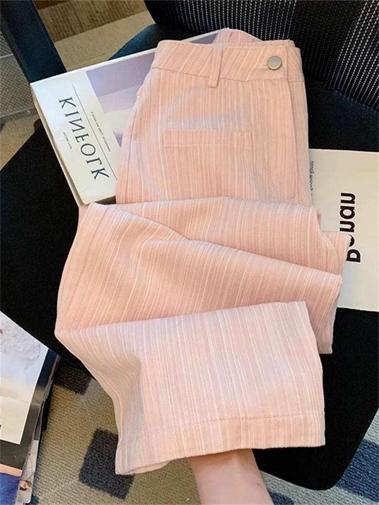 

Прямые брюки с высокой талией в полоску, тонкая текстура, розовые джинсы, летние повседневные широкие брюки, уличная мода