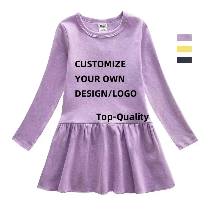 Girls Dress Solid Color Ruffled Long Sleeve Casual Party Mini Dresses for Children Clothing Blank White DIY Custom LOGO Image