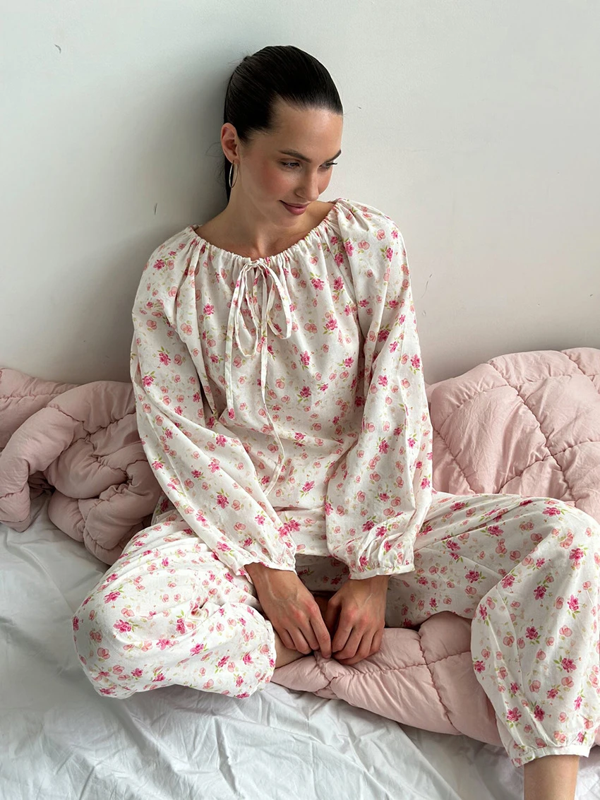 Marthaqiqi Printing Women'S Sleepwear Set Slash Neck Pajamas Long Sleeve Nightie Lace Up Nightwear Pants Casual Nightgowns Suit