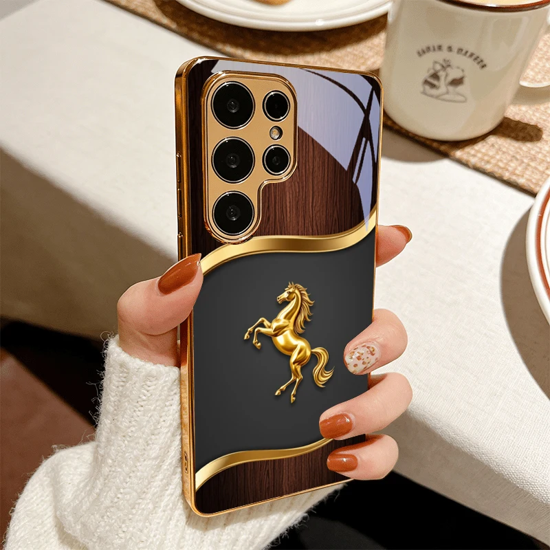 Stallion Emblem Electroplated Golden Phone Case For Samsung Galaxy S25 S24 S26 S23 S22 S21 S20 Ultra Plus FE S26+ Glass Cover