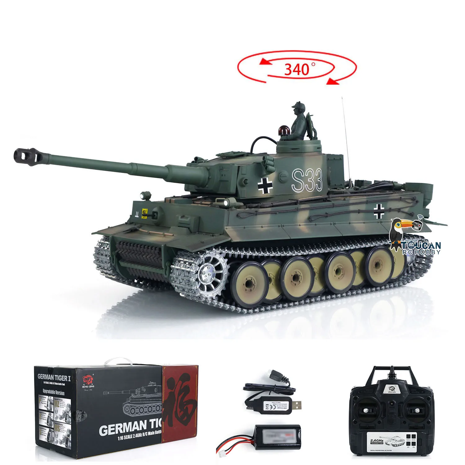 Heng Long RC Tank German Tiger I 1/16 7.0 3818 S33 RTR RC Toys Model Remote Control Tank Battery Radio BB Pellets Smoking