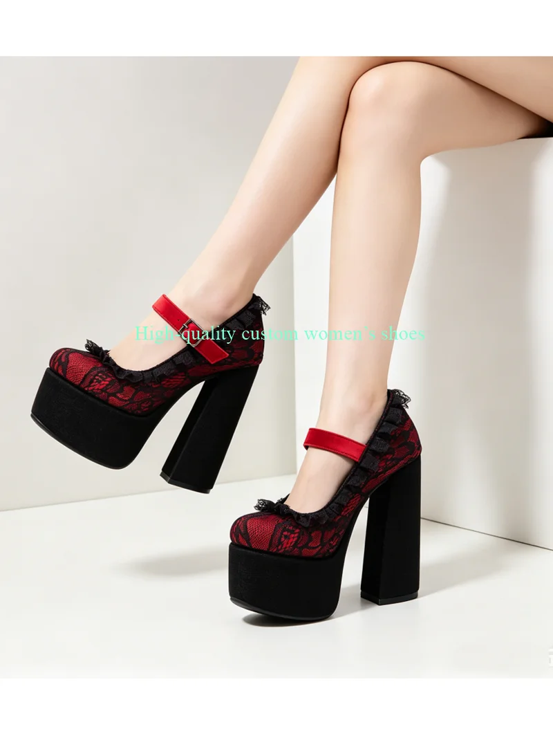 

Head Red Mesh And Black Satin Fabric Splicing Payment Luxury Women's Shoes Ruffles Black Waterproof Platform Chunky Sandals