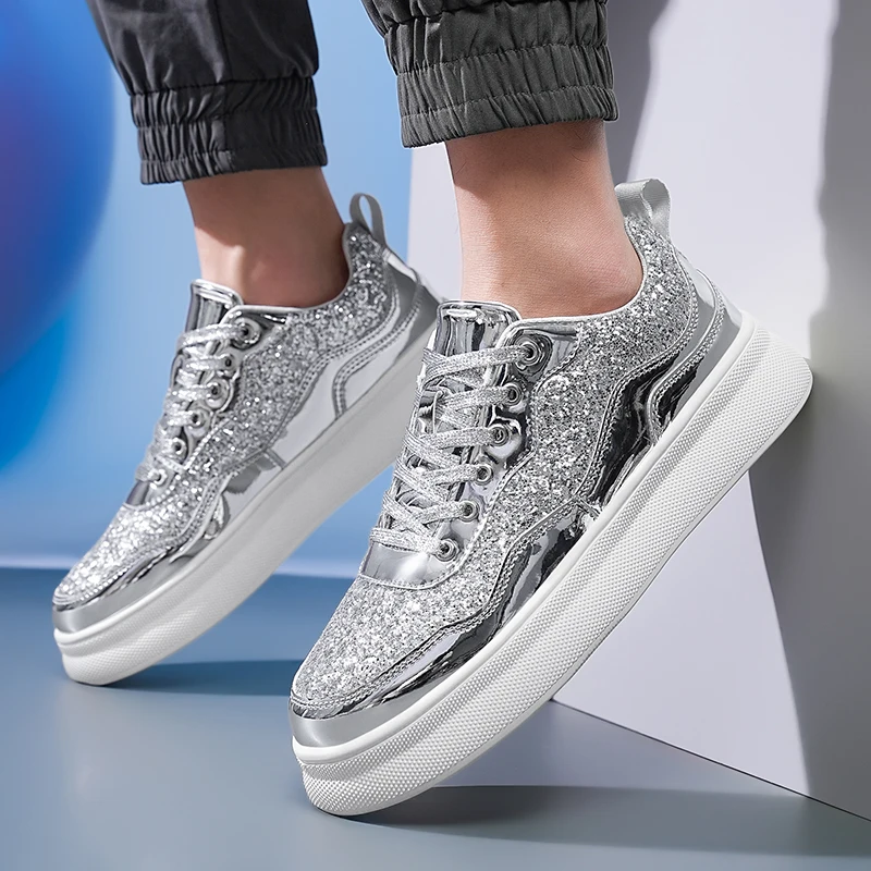 Zapatos de diseñador de lujo dorados y plateados brillantes para hombre, zapatillas informales para monopatín, plataforma con purpurina, calzado deportivo elegante para mujer