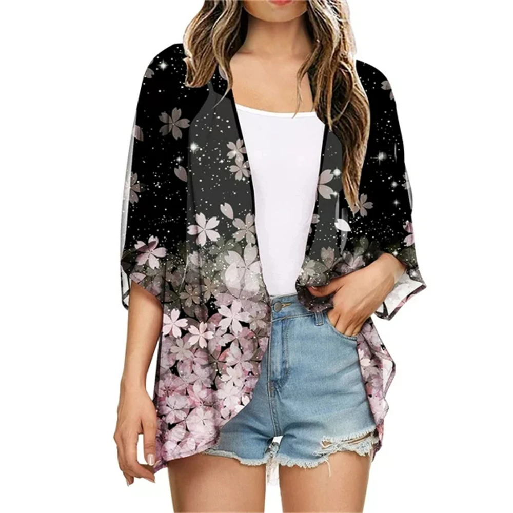 New Women'S Beach 2023 Luxury Floral Print Short Sleeve Kimono Cardigan Loose Cover Up Casual Blouse Tops Translucent Cardigan