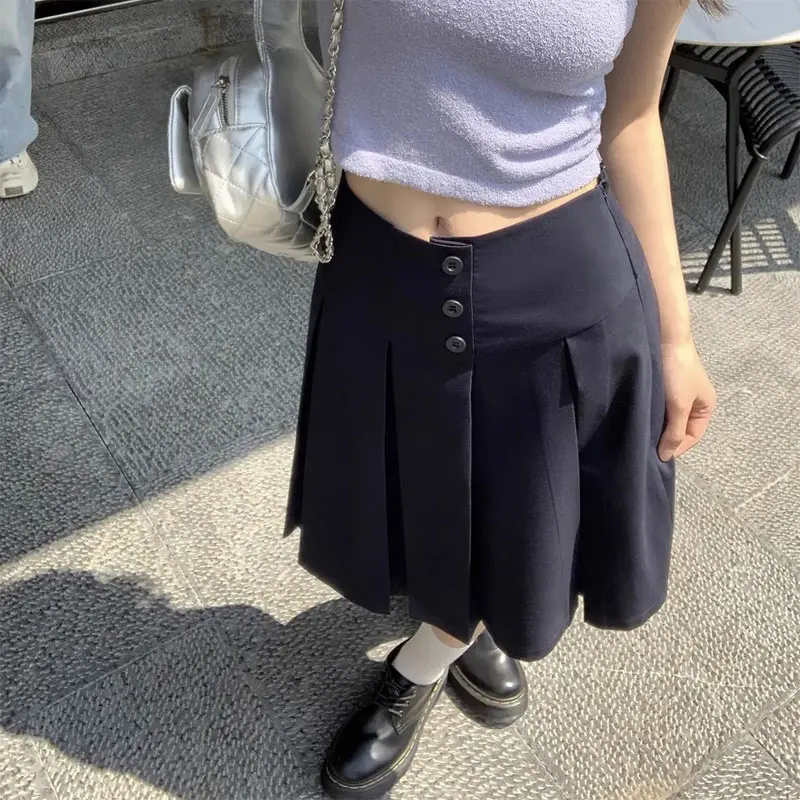 

Preppy Style Stylish Pleated Knee Skirts Female Clothing Single-breasted Spring Autumn New A-Line Basic Aura High Waist Skirts