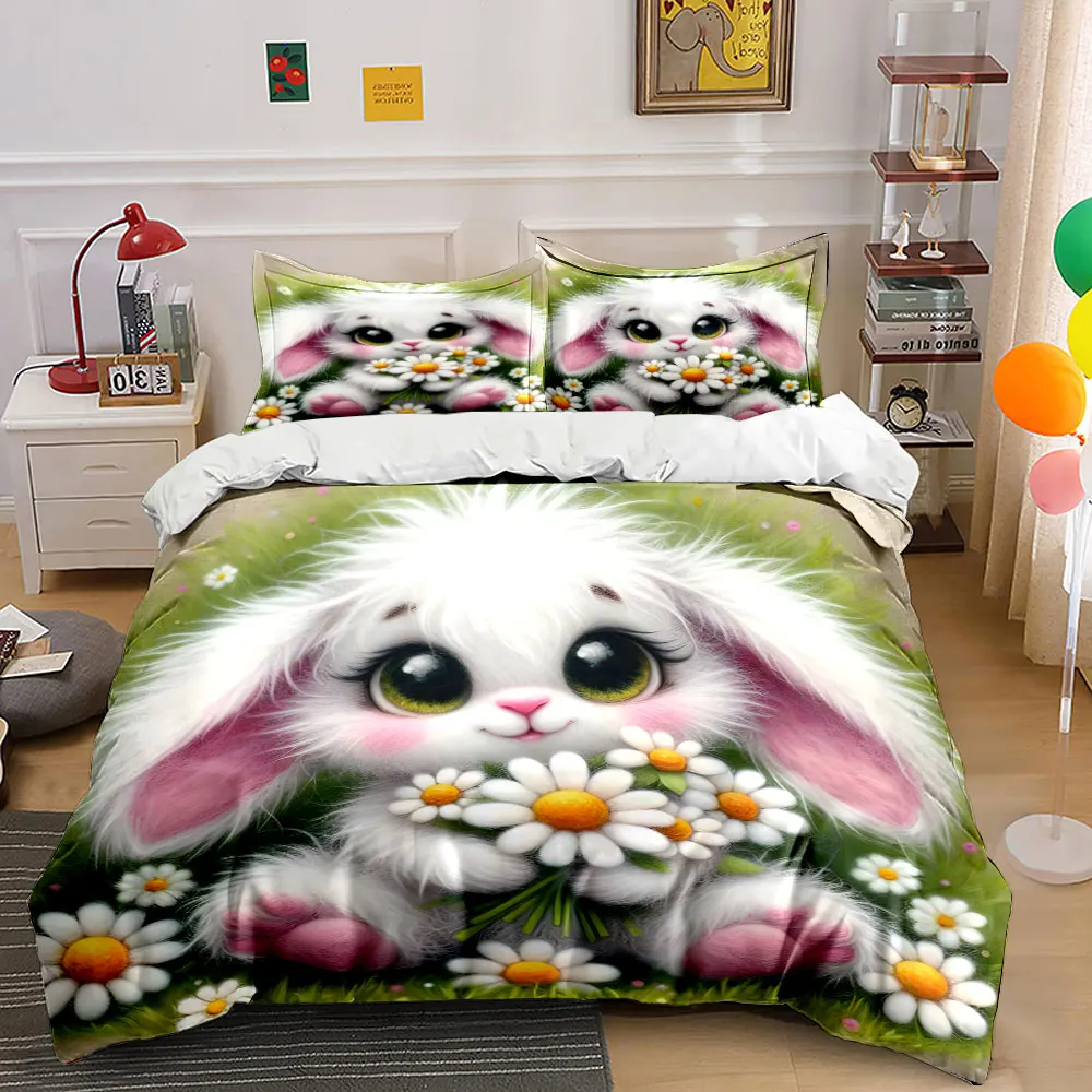 Fluffy bunny with white daisies Print Soft Comfortable Duvet Cover Bedding Set Included 1*Duvet Cover 2*Pillowcases