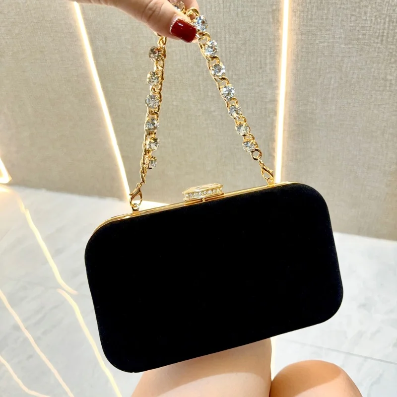 Vintage Evening Purse for Women Elegant Golden Diamond Chain Clutch Bag Ladies Wedding Party Handbag Delicate Velvet Bag