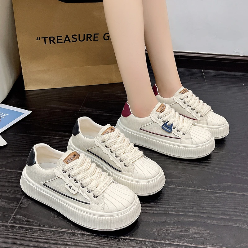 

New Versatile Casual Fashionable Round-toed Soft-soled Leather Lace-up Versatile Lightweight Low-top Flat Sneakers for Women