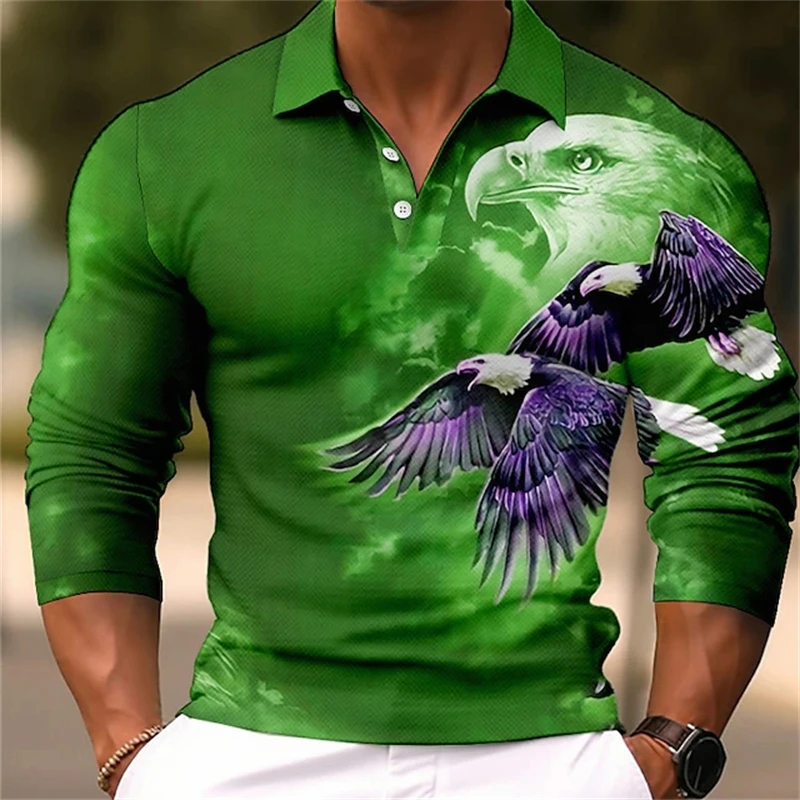 New Summer Men Long Sleeve Polo Shirt 3D Printed Lion Wlof Graphic Funny Polo Shirts Oversize Tops Tees Designer Outfit Clothing