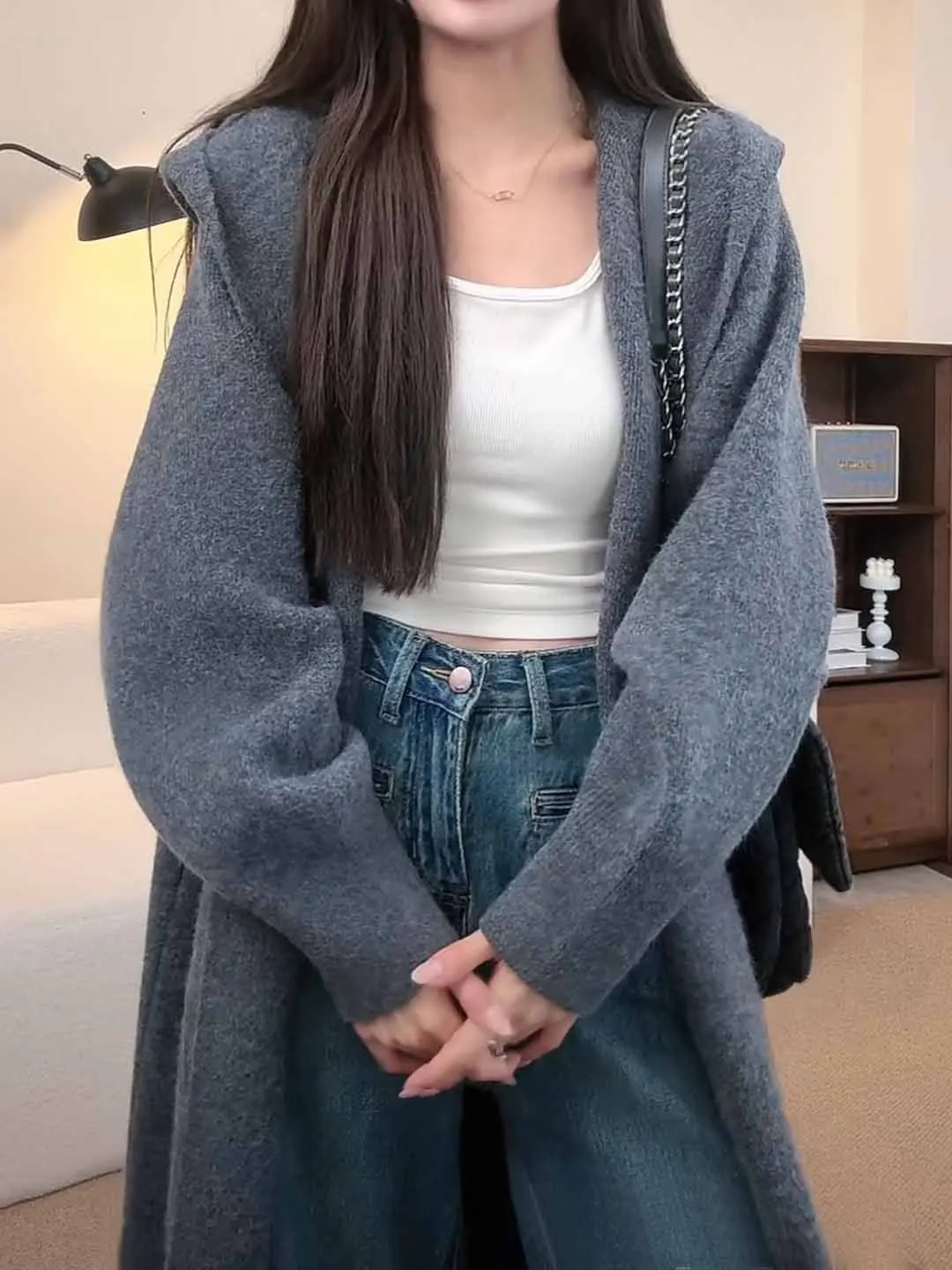 

New Lazy Hooded Long Knitted Cardigan Women's Spring and Autumn Women's Over the Knee Sweater Long Coats Women's Girls