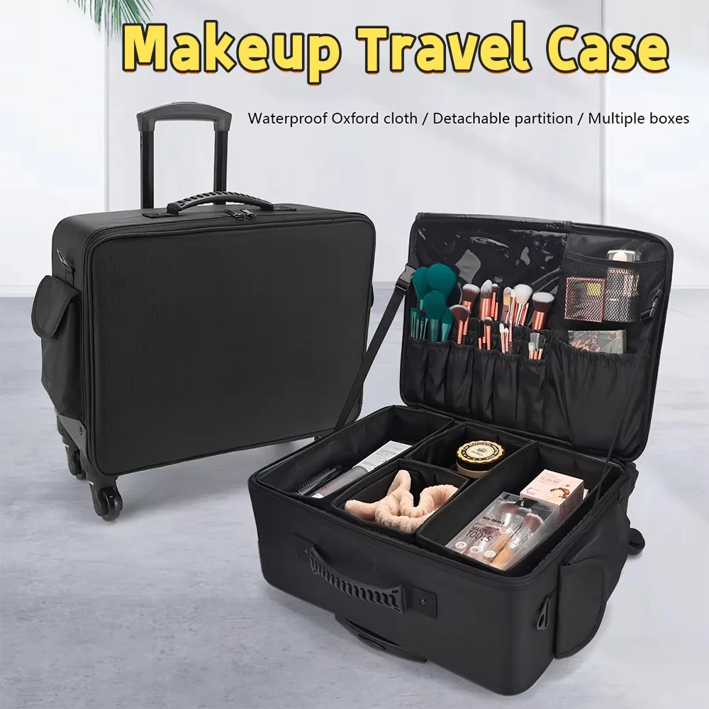 Makeup Travel Case Rolling Cosmetology Train Organizer Detachable Wheels Brush Bag Liftable Trays Nail Hair Tools Storage