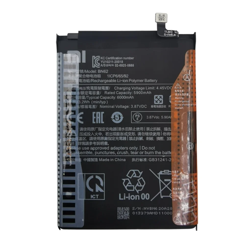 2024 Years 6000mAh BN62 Original Battery For Xiaomi POCO M3 Redmi 9T / Redmi Note 9 4G Version High Quality Phone Battery Tools