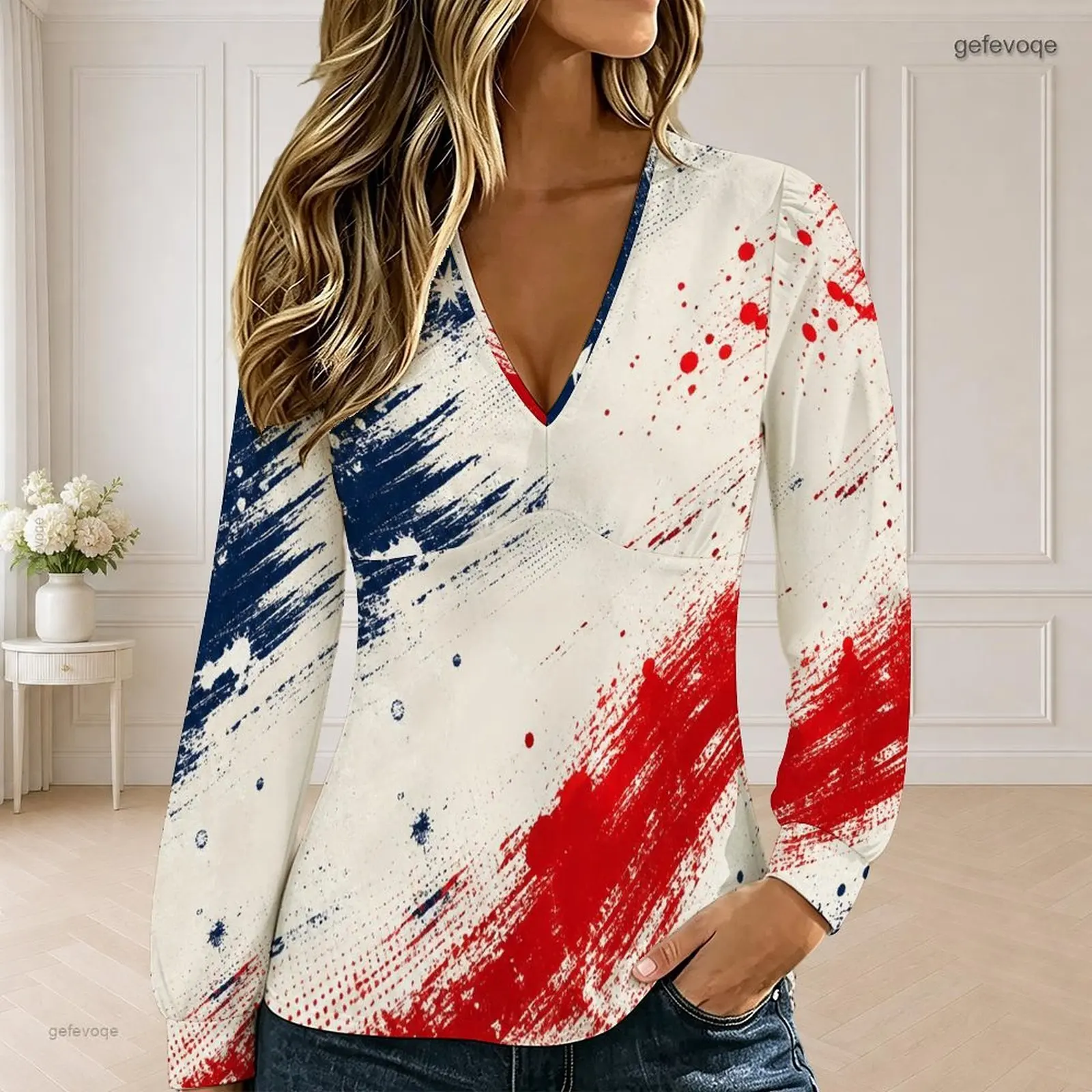 Women V Neck Distressed American Flag Star Stripe Printed Long Sleeve Top