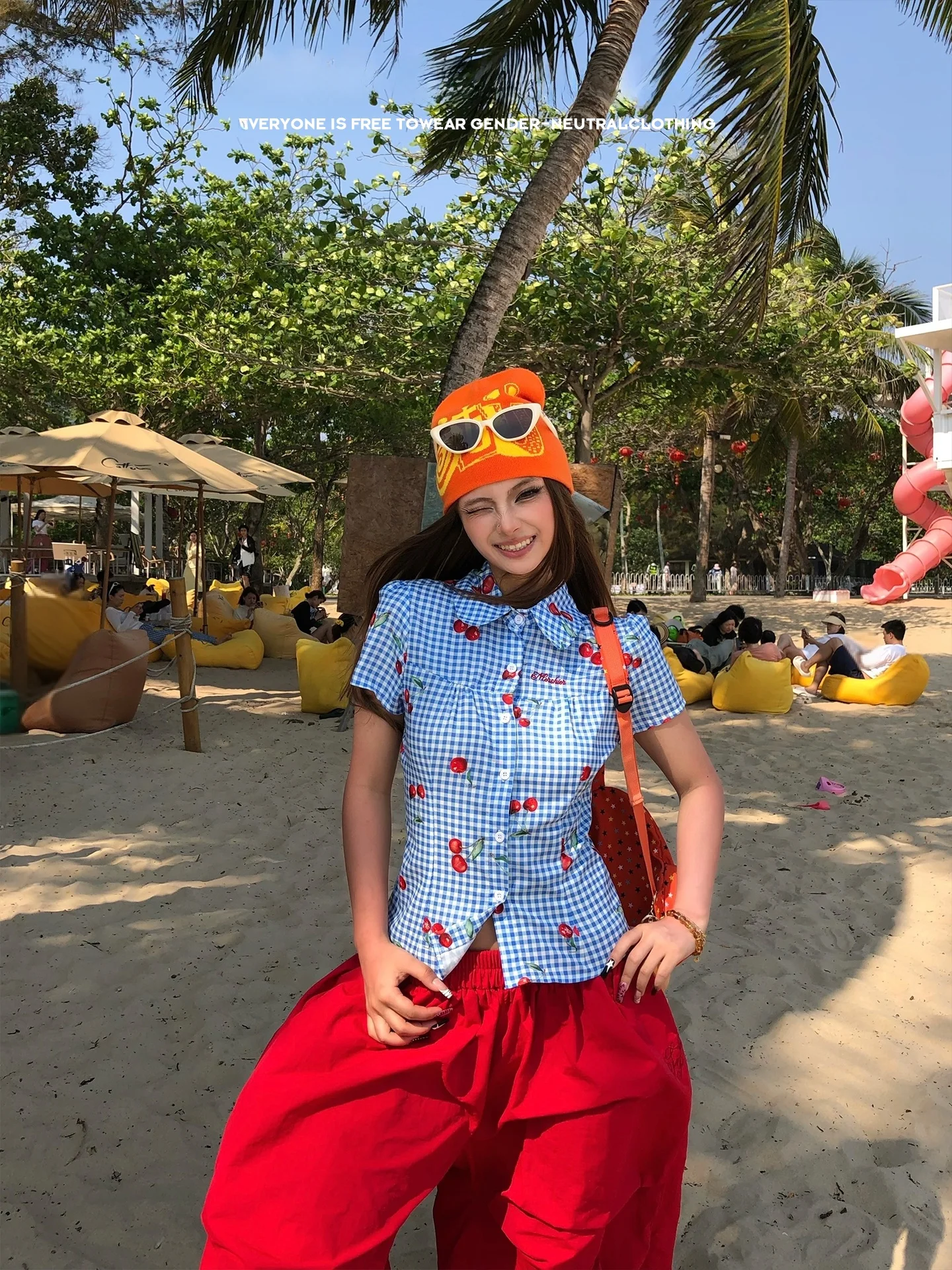 

Sweet Style Cherry Print Short Sleeve Slim Fit Shirt Women's Preppy College Style Age Reduction Cool Fashion Short Length
