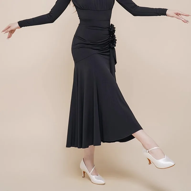 レッドスプリットラテン社交スカートブラックエレガントロングダンススカートフラメンコタンゴスカートダンス服ダンス衣装