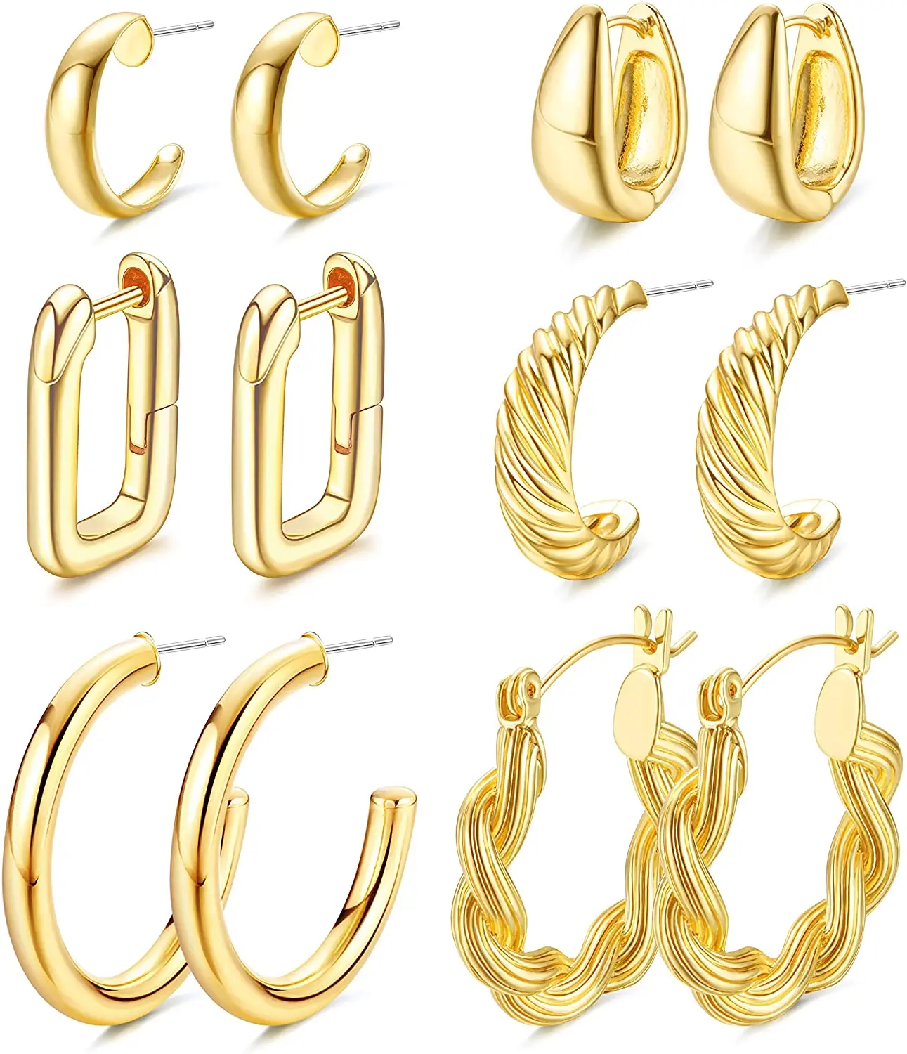 

6pairs Gold Chunky Earrings For Women 14k Gold Plated Thick Twisted Open Hoop Earrings Huggie Hoop Earring Set Jewelry Gift