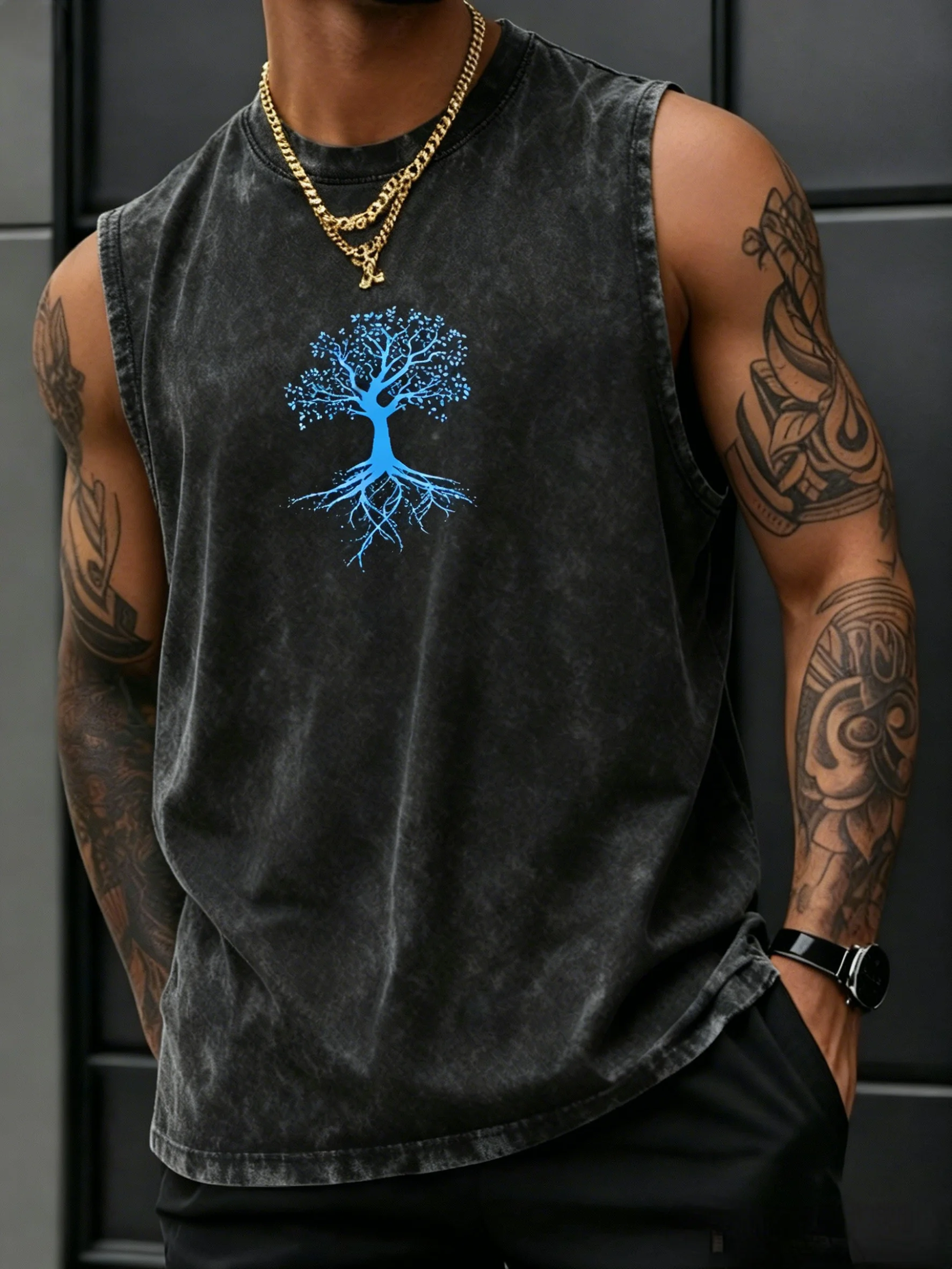 Herren Oversize Vintage Washed 100% Baumwolle Ärmelloses Tanktop 2026 Trend Lebensbaum-Print Lässige Outdoor-Workout-Weste – Detail 20