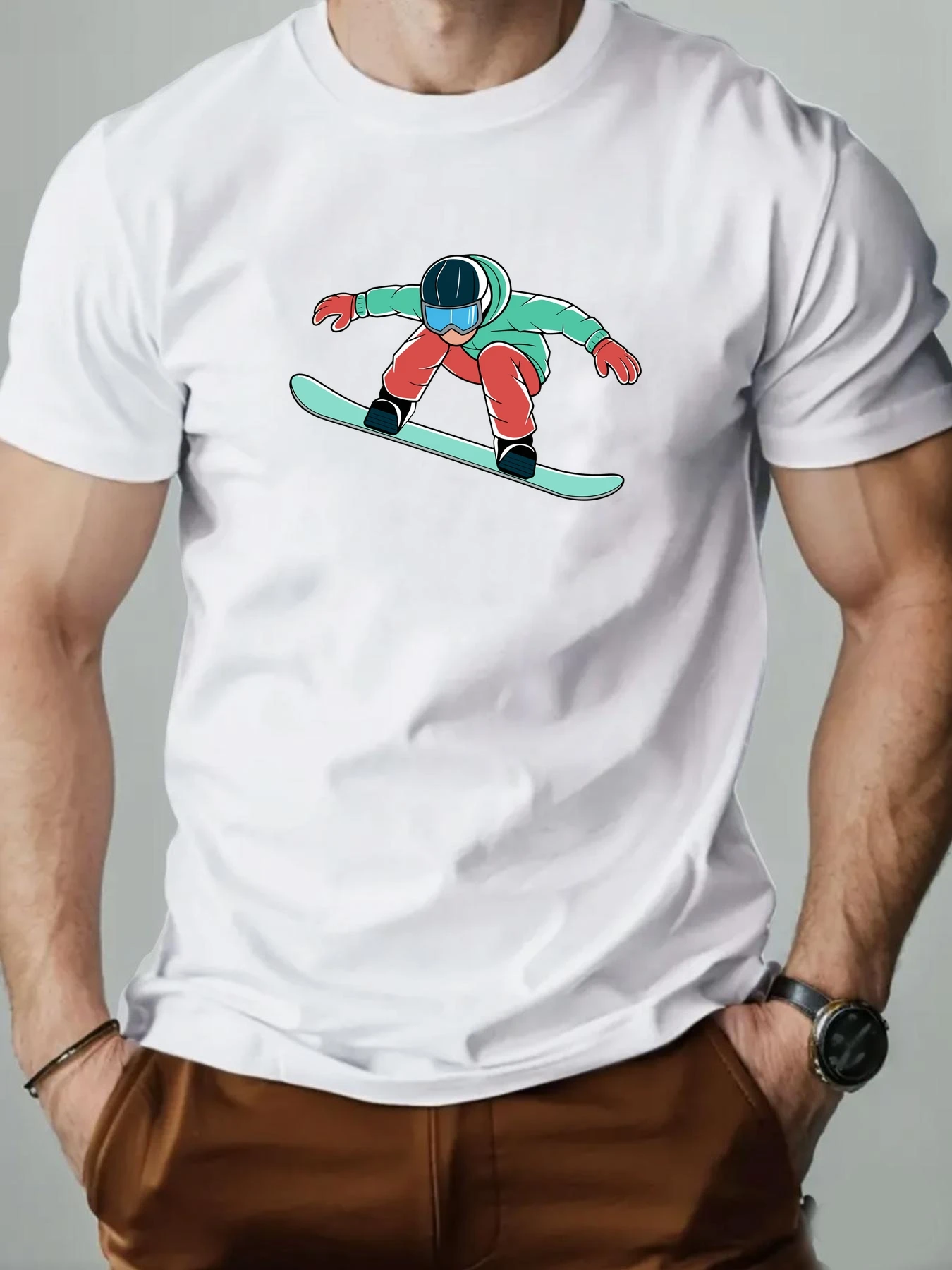 

Short Sleeve T-shirt Men 100%Cotton Ski Boy Cartoon Pattern Print T Shirt Round Neck Breathable Casual Fashion High Quality Tee‌