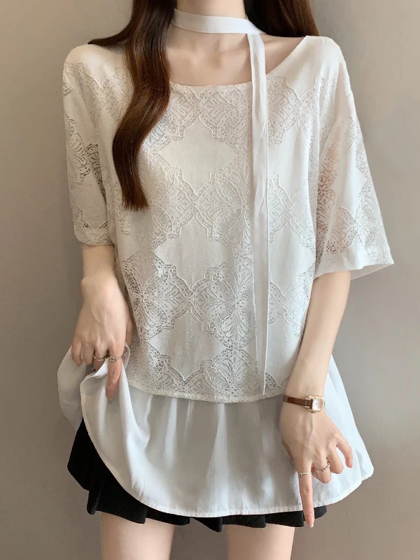 

Summer New plus Size Women's Lace Hollow out Short Sleeve Shirt Bow Tie Neck Design Shoulder Length Middle Long Top