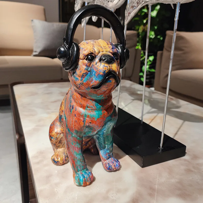 European Style Resin France Bulldog Painting Headphone Dog Animal Statue Desktop Decoration Room Decoration Home Decoration Gift