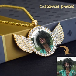 Collana personalizzata foto personalizzata foto ali d'angelo ciondolo con strass catene collane regalo di gioielli Hip Hop di moda creativa