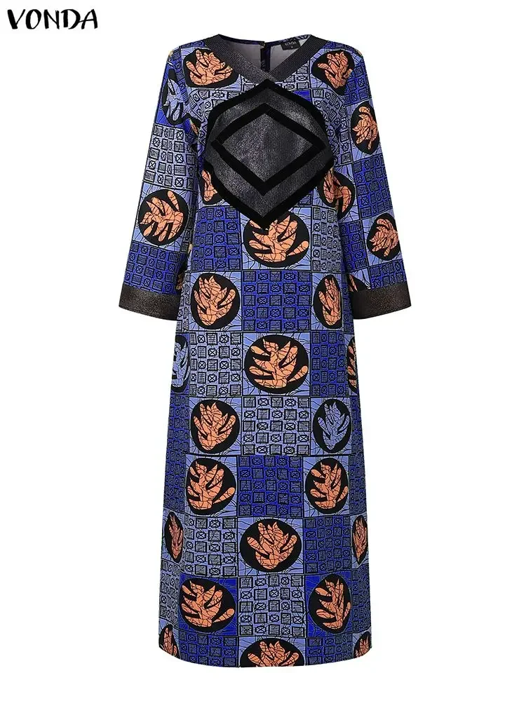 

Большие размеры 0XL-5XL VONDA, длинные платья с винтажным принтом, женские повседневные богемные макси-сарабаны с длинными рукавами и v-образным вырезом, вечерние халаты большого размера