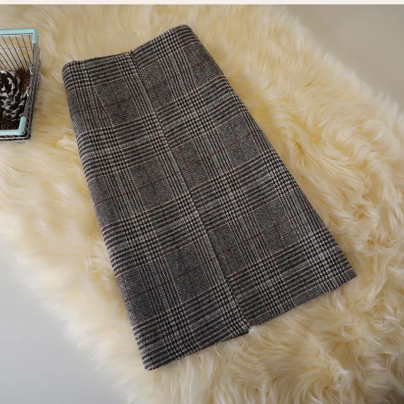 Women's Plaid Wool Midi Skirt Back Slit Bodycon Pencil Skirt Winter Trendy Office Falda Holiday Skirt Ruffled Hem A-line Corset