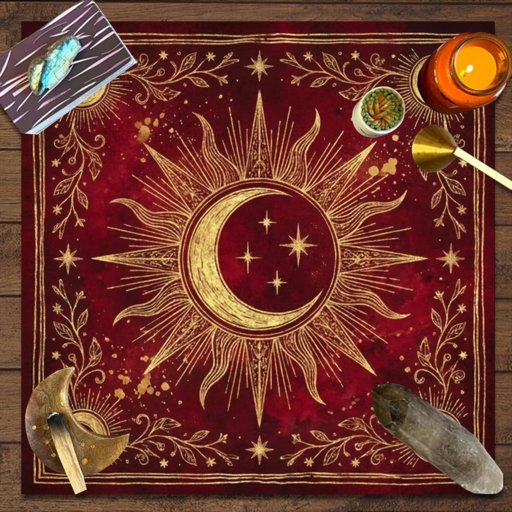 Nappe de divination et de méditation en tissu cristal, motif soleil, lune et étoiles, pour cérémonies spirituelles, décoration de fête, thème or rouge