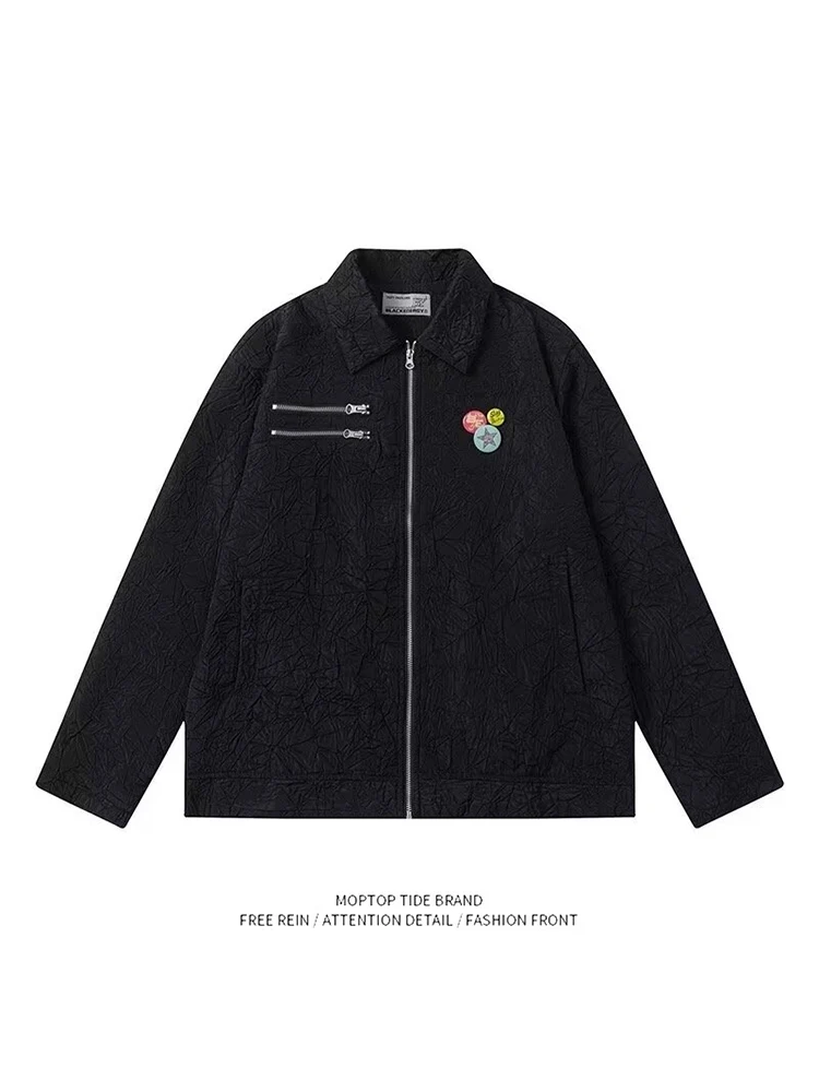 

Мужская модная свободная повседневная куртка Mr. WH Spring Hip Hop Texture Bae Collar Jaet из полиэстера с длинными рукавами и застежкой-молнией