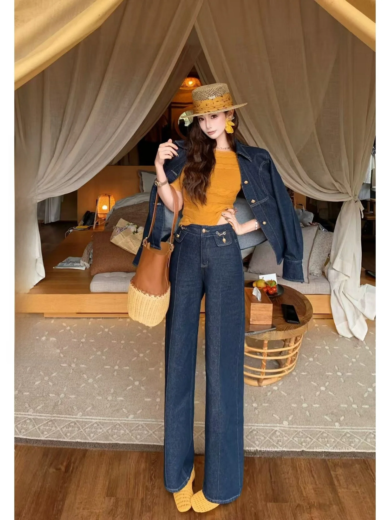 

Новые джинсы Dadada Retro Gold Bule Denim: уникальные, облегающие, женские, с высокой талией, из хлопка, прямого кроя, теплые, однотонные, весенняя коллекция