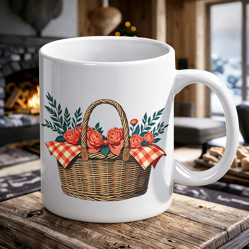 

Cup & Mug Set, Country Rose Flower Basket Ceramic Mug, Coffee Cup, Milk Cup, Office Tea Cup, Drinking Cup, Gift for Friends