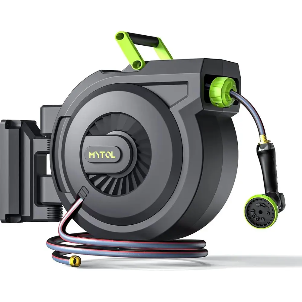 

82ft Expandable Hose Reel with 6ft Mount, Auto Rewind, 10-Pattern Nozzle, Locking Any Length, 180° Swivel for Effortless Garden