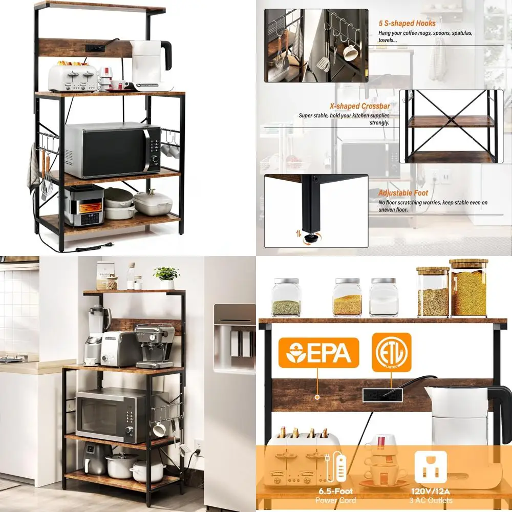 3-Tier Kitchen Storage Shelf with Power Outlet, S-Shaped Hooks, Microwave Stand, Coffee Station Utility
