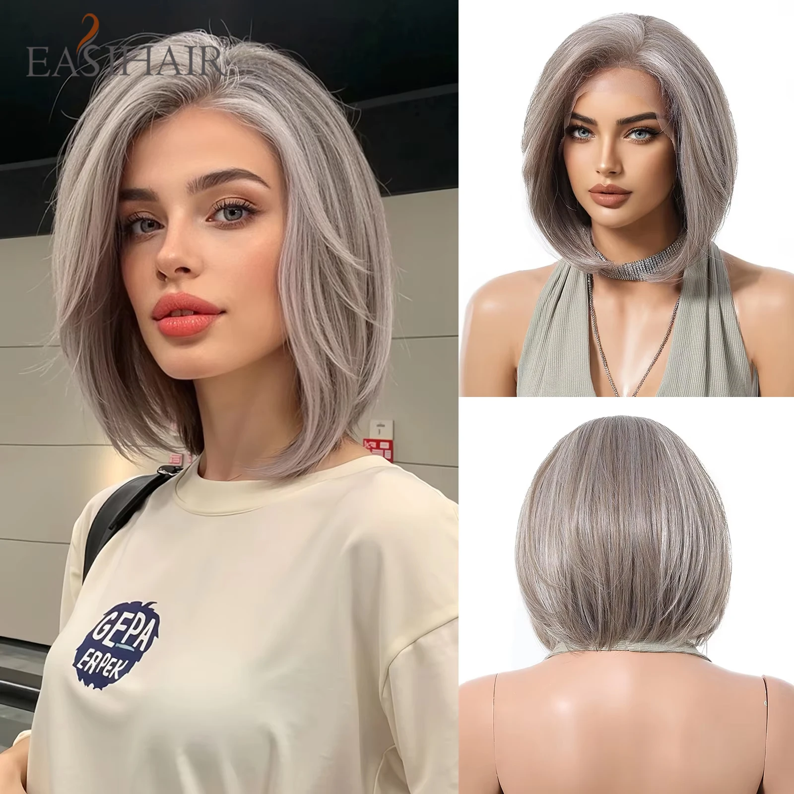 

EASIHAIR 13*6 Кружевные синтетические парики Пепельно-серый Короткие прямые парики Боб Натуральные волосы Парики Лолиты Термостойкие для повседневного использования Косплей